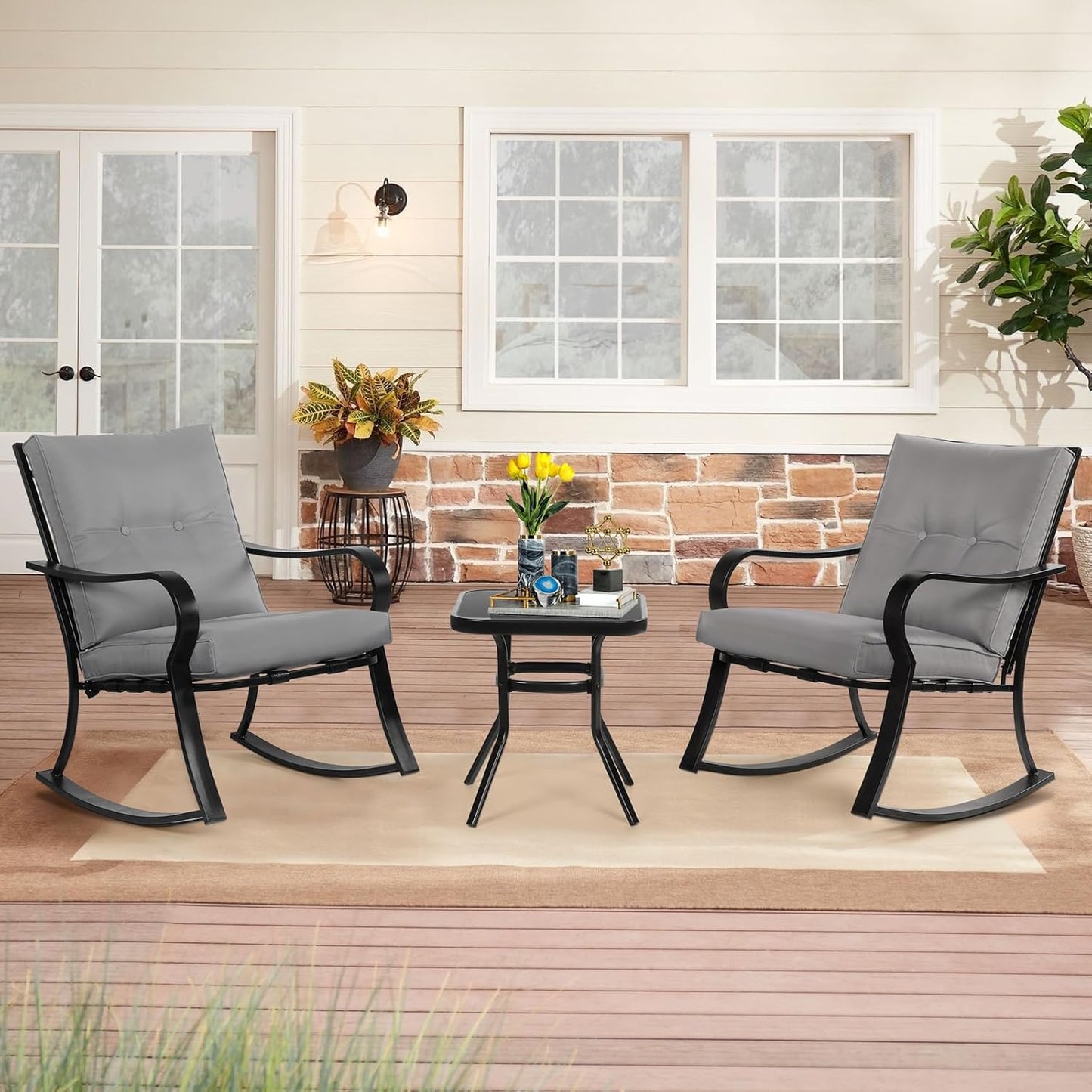 3-Piece Outdoor Rocking Chairs Bistro Set, Black Iron Patio Furniture with Gray Thickened Cushion & Glass-Top Coffee Table