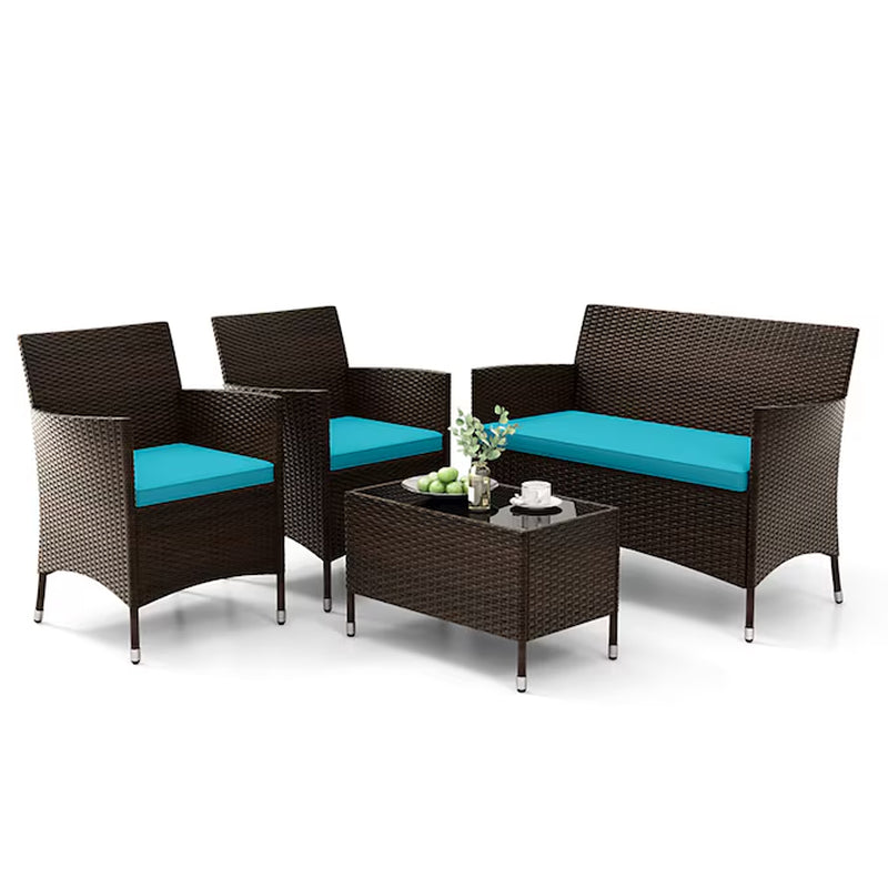 4 Pieces Comfortable Mix Outdoor Rattan Sofa Set with Glass Coffee Table 4 -Piece Rattan Patio Conversation Set with Blue Cushions