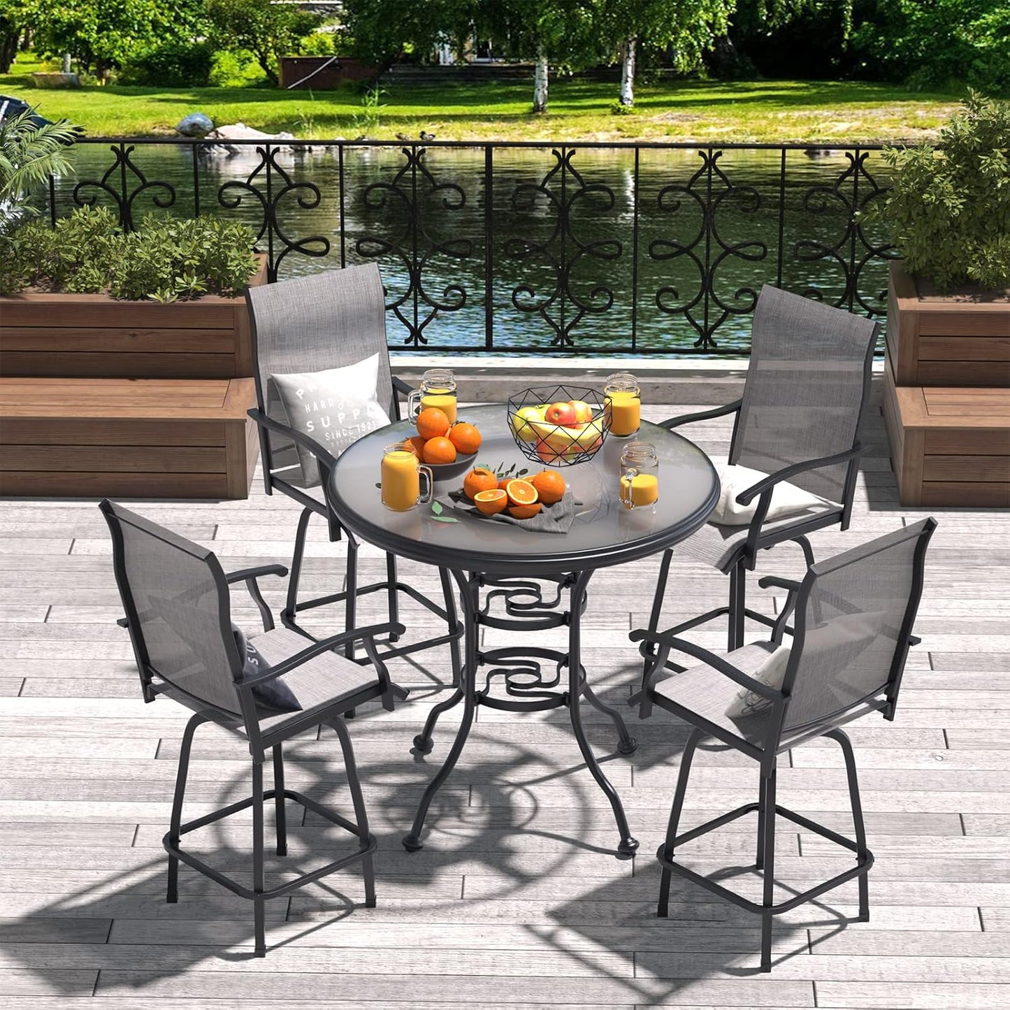 Set of 4 Outdoor Patio Swivel Bar Stools, High Bistro Stools Height Patio Chairs, All Weather Patio Bar Set Garden Furniture Bar Dining Chair, Gray