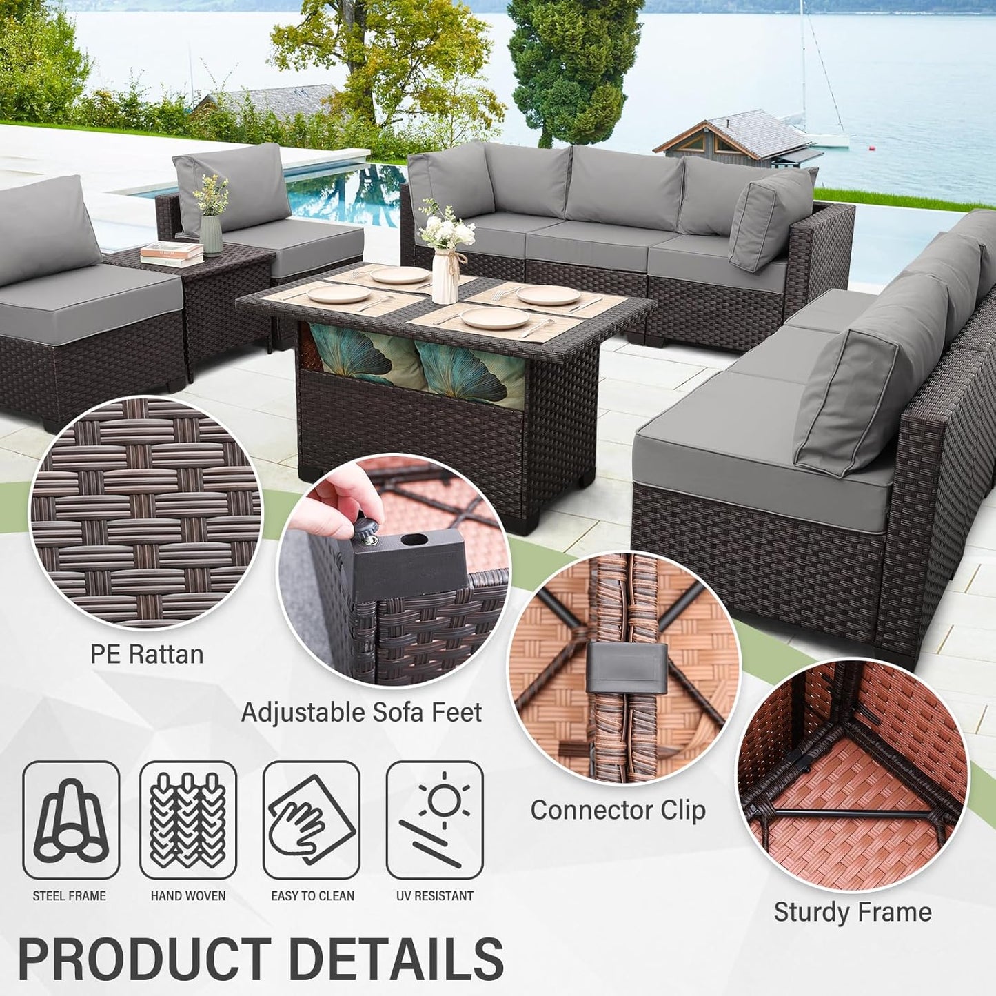 Outdoor Patio Furniture Set Dark Brown Rattan 10 Piece Sectional Sofa PE Wicker Conversation Couch Sets with Storage Table and Non-Slip 5" Thick Grey Cushion