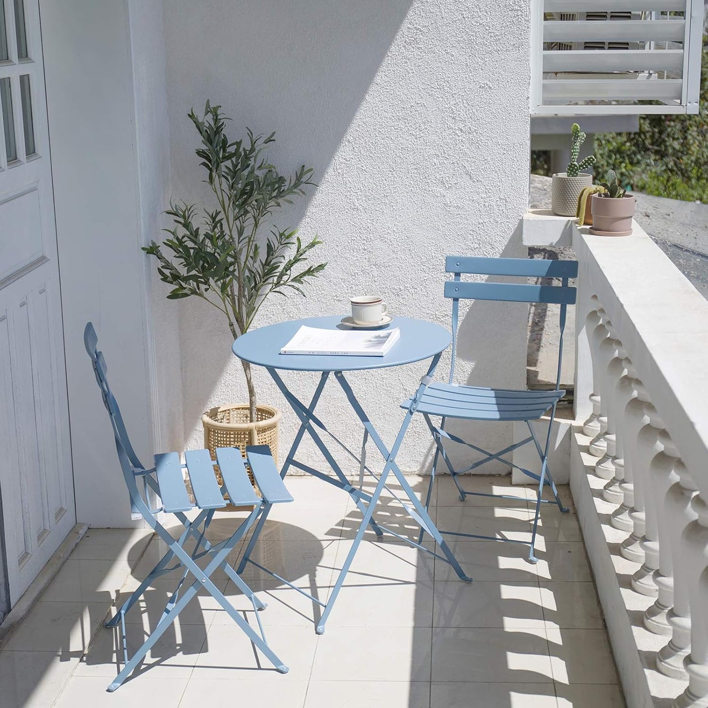 Patio Bistro Set, Outdoor Patio Furniture Sets, 3 Piece Patio Set of Foldable Bistro Chairs and Table, Light Blue