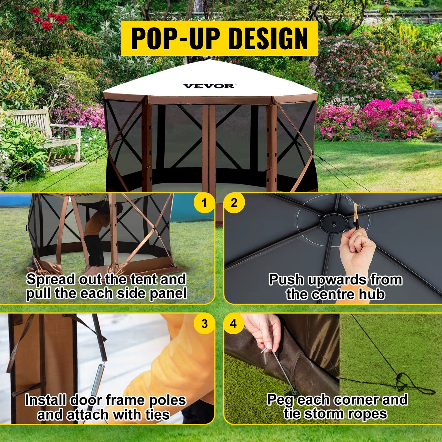 VEVOR Pop-Up Camping Gazebo Camping Canopy Shelter 6 Sided 12' X 12' / 10' X 10' Sun Shade Tents & Canopies Camping & Hiking