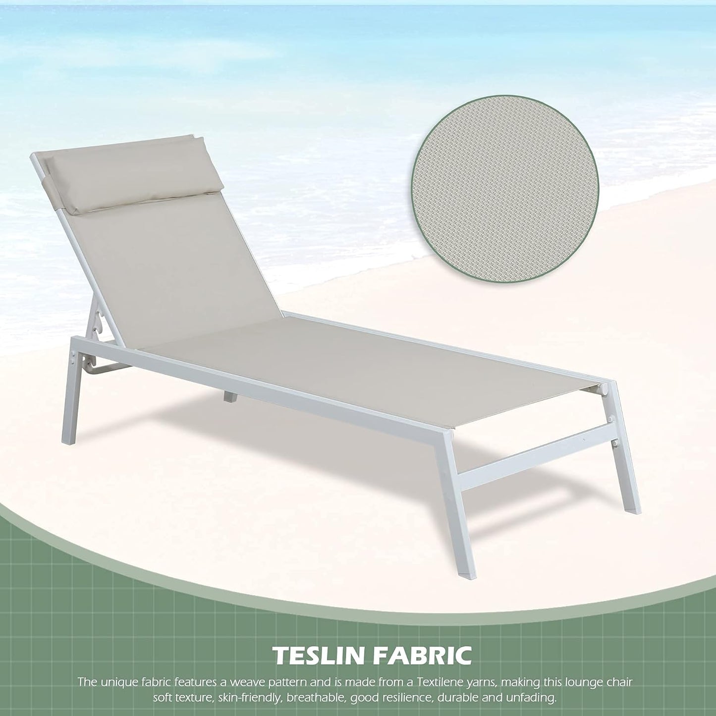 3-Piece Patio Chaise Lounges Set Outdoor Full Flat Lounge Chairs Set of 2 with Steel Table, Beige