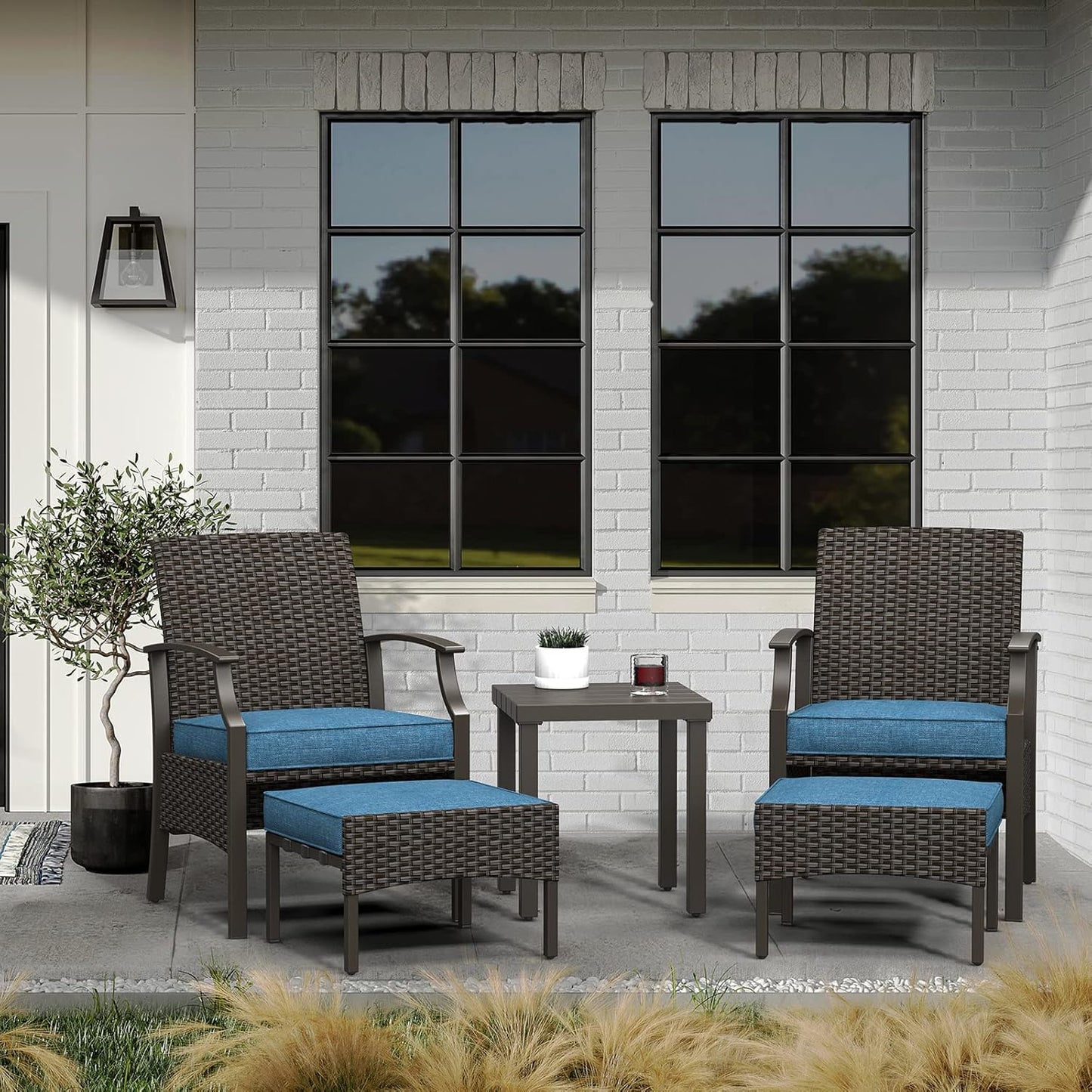 5 Pieces Outdoor Patio Furniture Sets Weather Resistant Wicker Outdoor Patio Chairs with Ottomans and Coffee Tables for Balcony Backyard Garden Poolside, (Peacock Blue)