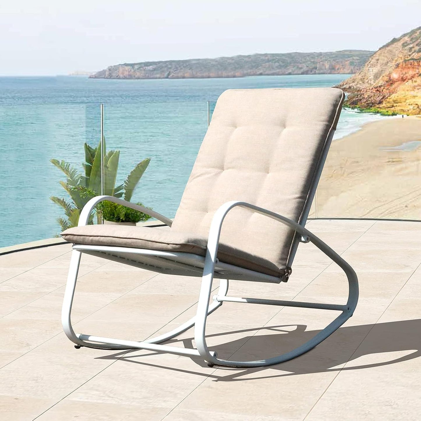 Patio Rocking Chair Outdoor Metal Rocker Chairs with Detachable Cushion for Porch, Balcony, Poolside and Indoor Use, 1 PCS, White