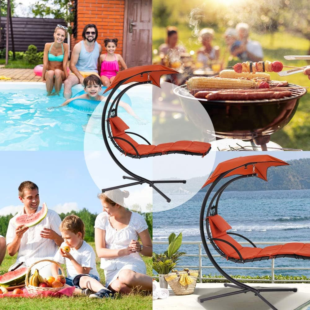 Patio Chair Hammock Chair Hanging Chairs Indoor Outdoor Swing Lounge Chair with Pillow, Canopy, Stand - Heavy Duty Arc Stand Floating Curved Chaise for Pool, Backyard, Deck - Orange