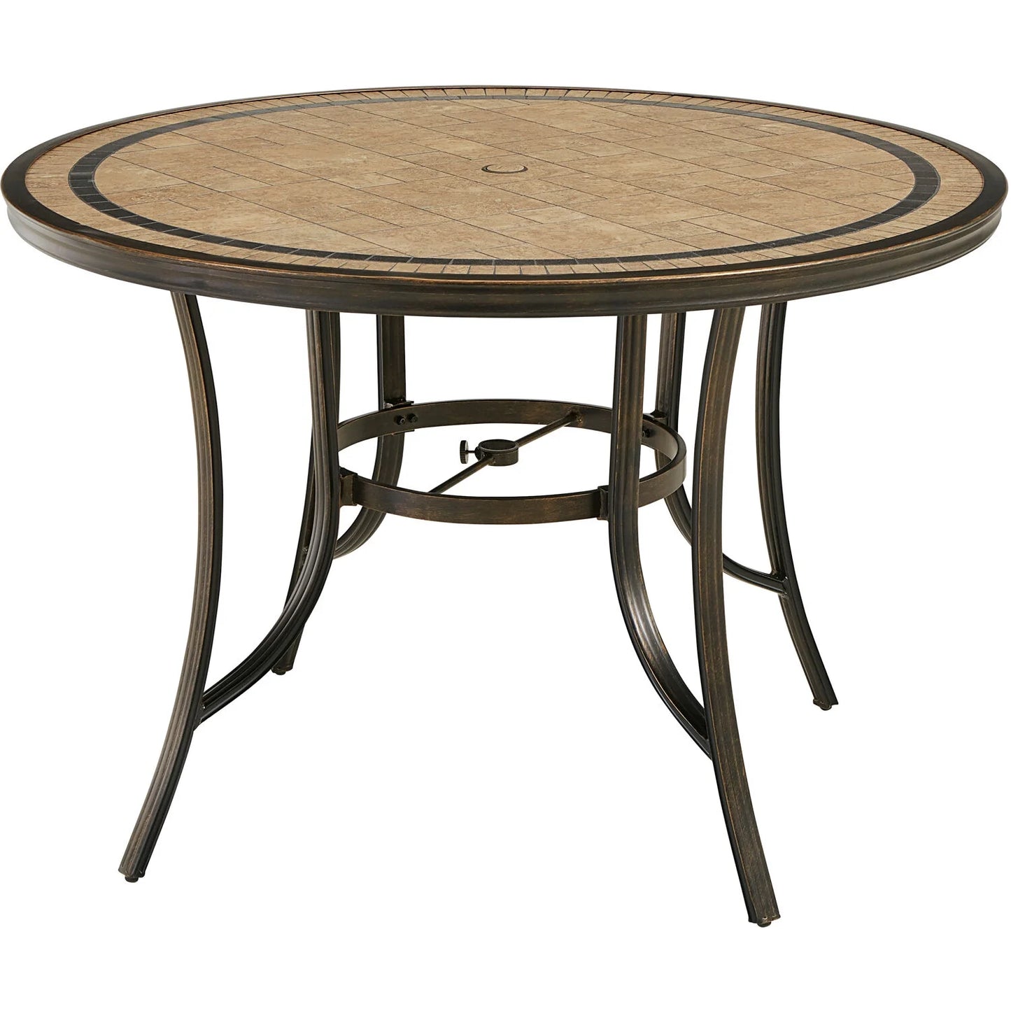 Monaco 7-Piece Outdoor High Dining Patio Set, 6 Counter-Height Padded Sling Swivel Chairs, 56" round Tile Table, 9' Umbrella, and Umbrella Base, Bronze Finish, Rust-Resistant, All-Weather