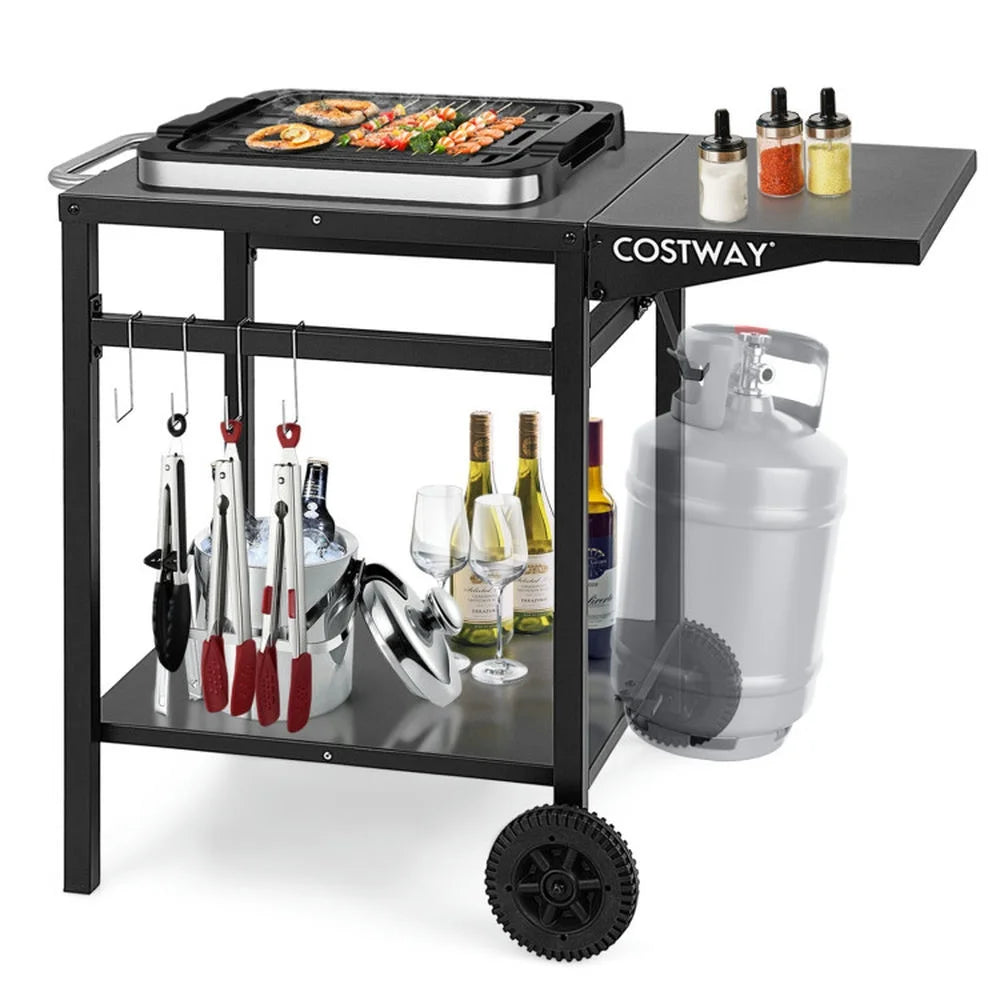 Outdoor Patio Barbecue Cooker, Outdoor Grills,Movable Outdoor Grill Cart with Folding Tabletop and Hooks-Black
