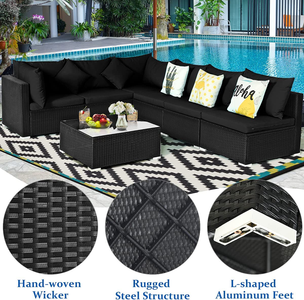 7 Piece Patio Furniture, Outdoor Sectional Sofa W/Pillows and Cushions, Wicker Conversation Set with Coffee Table and Tea Table for Garden, Lawn (Black)