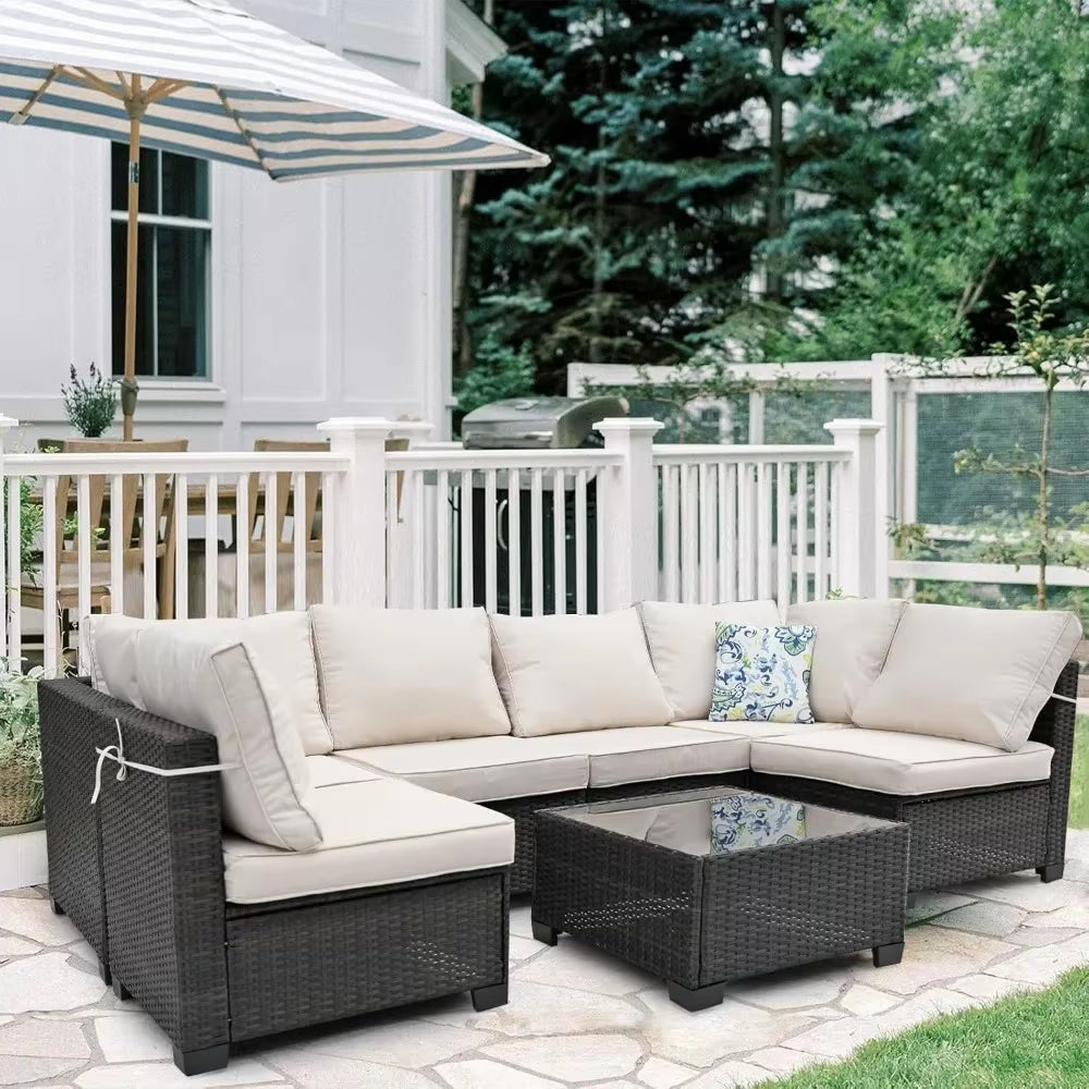 7 Piece Outdoor Patio Furniture Set, Seating Set with Rattan Table, Waterproof Cushions Included, Patio Sectional Furniture Set