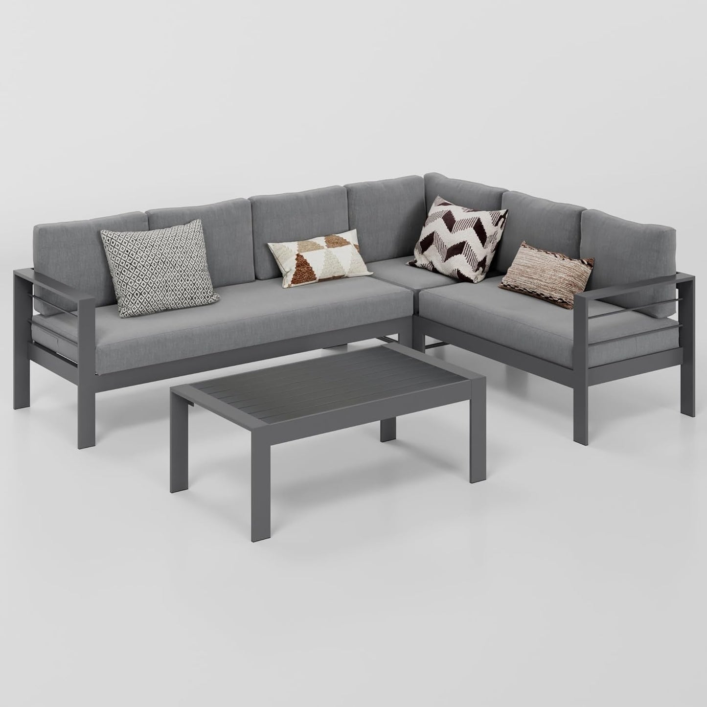 Patio Furniture Set, Outdoor Aluminum Sectional Sofa Couch with Coffe Table, All-Weather Metal Conversation Set with Upgraded Dark Grey Cushion