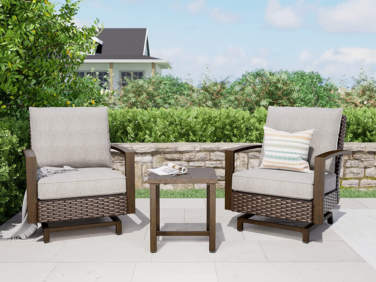 Outdoor 3-Piece Aluminum Conversation Furniture Sofa Set Wicker Stationary Rockers with Wood Grain Finish and Coffee Table, Removable Olefin Cushion Dark Brown