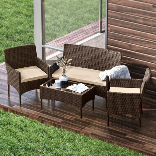 Patio Furniture Set, Outdoor Wicker 4 Piece Patio Chairs Set, Brown with Beige Cushions