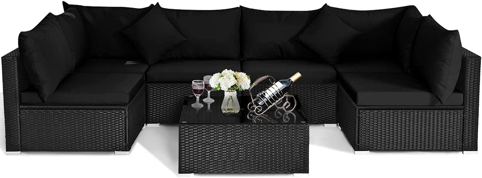 7 Piece Patio Furniture, Outdoor Sectional Sofa W/Pillows and Cushions, Wicker Conversation Set with Coffee Table and Tea Table for Garden, Lawn (Black)