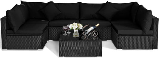 7 Piece Patio Furniture, Outdoor Sectional Sofa W/Pillows and Cushions, Wicker Conversation Set with Coffee Table and Tea Table for Garden, Lawn (Black)