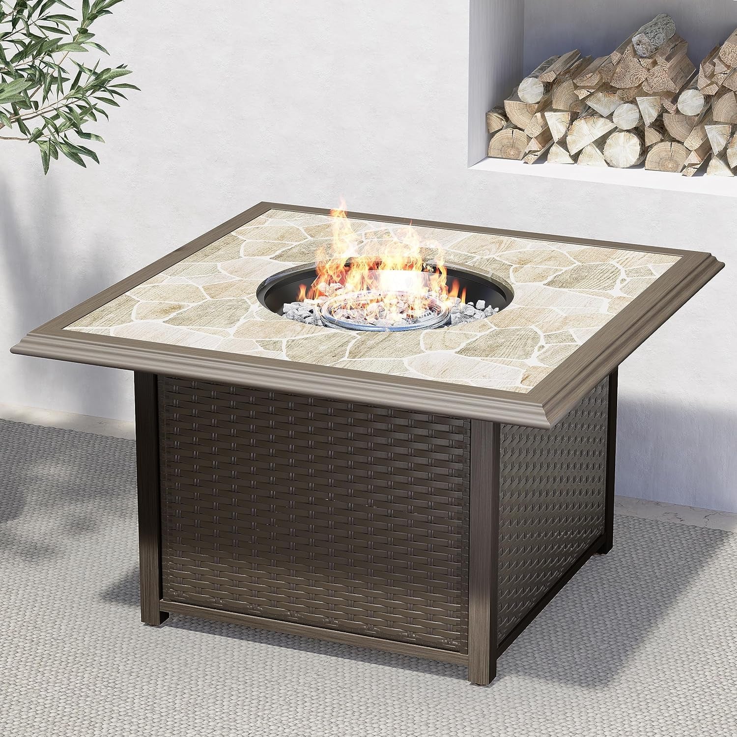 Outdoor 41 Inch Square Propane Gas Fire Pit Table Wicker Base, Marble-Texture Ceramic Tile Top, 50,000 BTU Heat Output