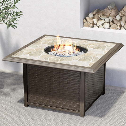 Outdoor 41 Inch Square Propane Gas Fire Pit Table Wicker Base, Marble-Texture Ceramic Tile Top, 50,000 BTU Heat Output