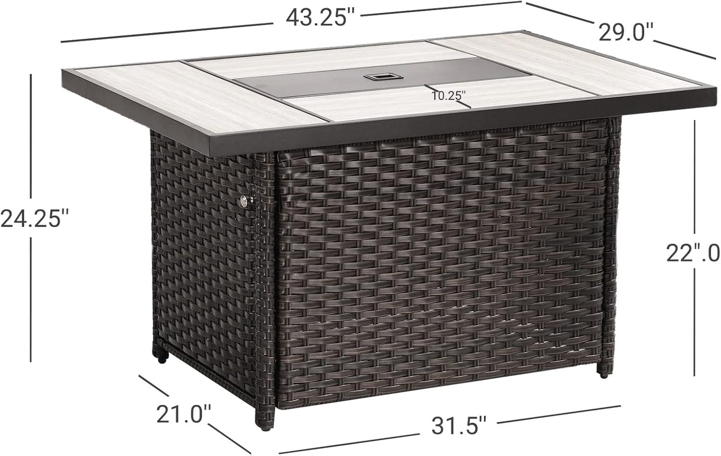 Outdoor 43-Inch CSA Safety Approved Gas Fire Pit Table 50000 BTU Rectangle Propane Fire Pit with Ceramic Tile Top and Wicker Base