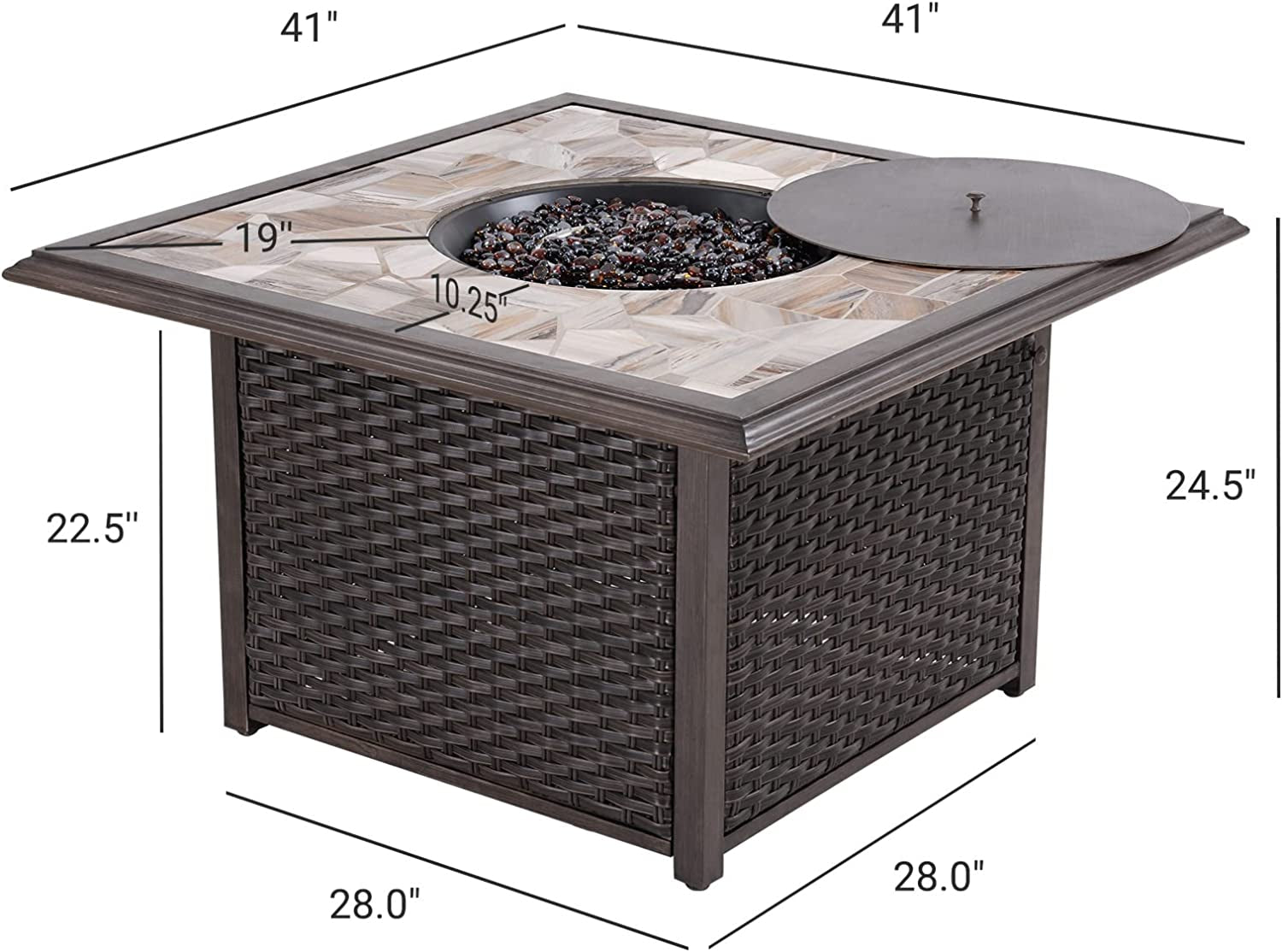 Outdoor 41 Inch Square Propane Gas Fire Pit Table Wicker Base, Marble-Texture Ceramic Tile Top, 50,000 BTU Heat Output