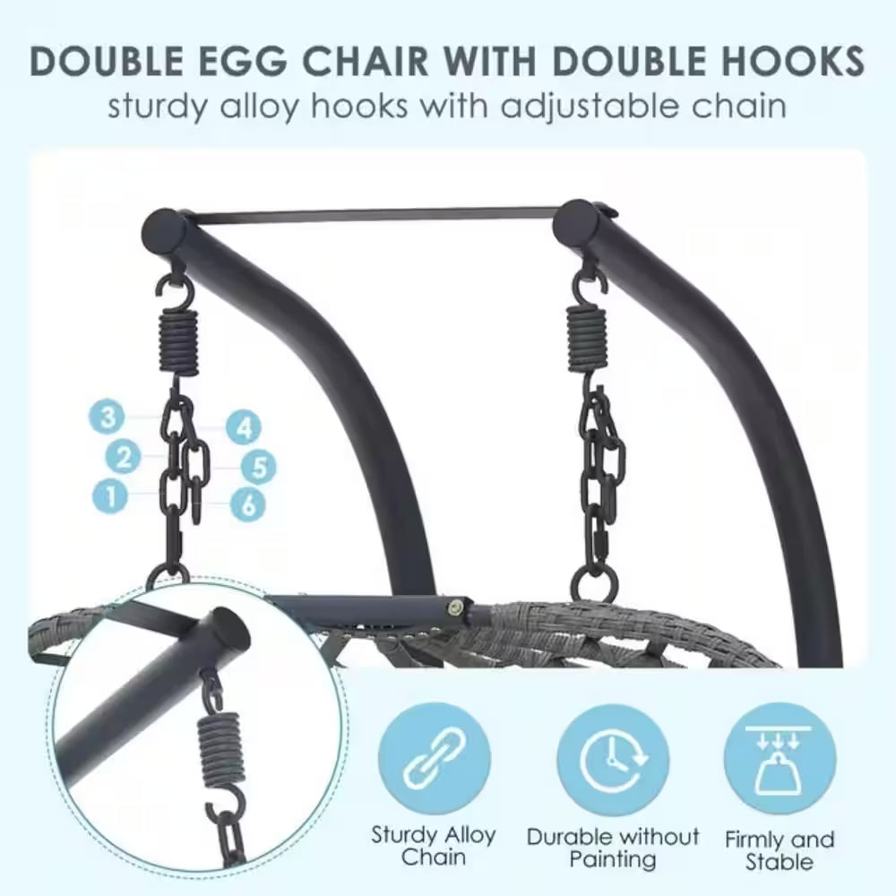 Large 2-Person 500 Lbs. Gray Wicker Double Swing Egg Chair with Black Stand and Gray Cushions