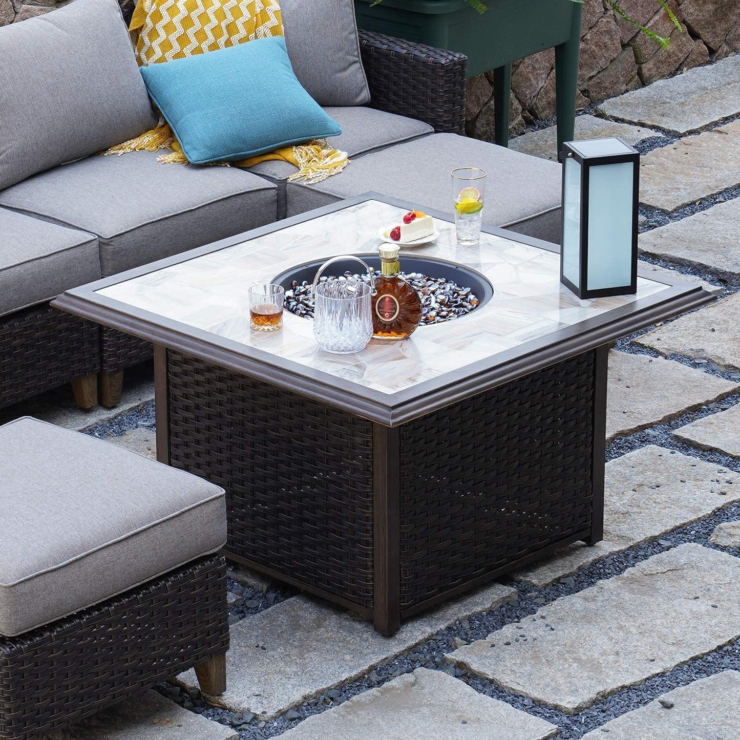 Outdoor 41 Inch Square Propane Gas Fire Pit Table Wicker Base, Marble-Texture Ceramic Tile Top, 50,000 BTU Heat Output