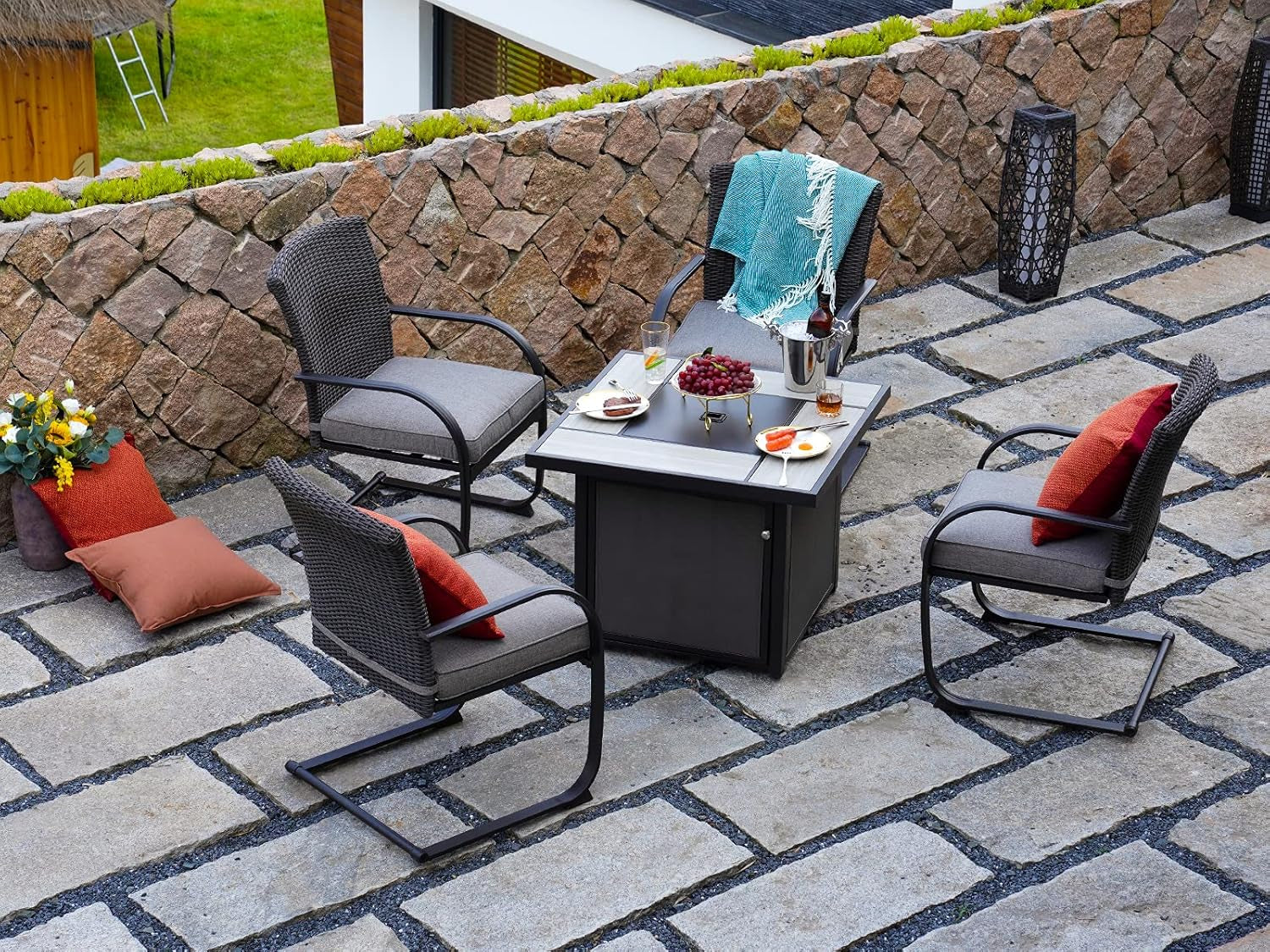 Outdoor Gas Fire Pit Table 32-Inch Square Propane Gas Fire Pit with CSA Safety Approval 40000 BTU Heat Sling Base Ceramic Tile Top and Lava Rock for Garden, Backyard, and Deck Parties