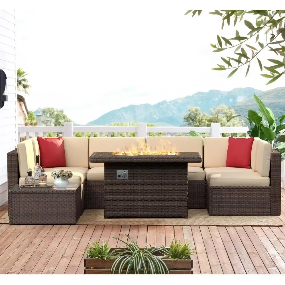 Patio Furniture Set 8PCS with 40" Fire Pit Table Outdoor Sectional Sofa Set Wicker Furniture Set with Coffee Table Garden Sets
