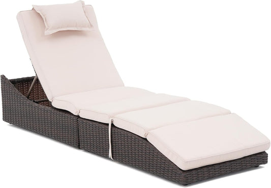 Folding Outdoor Adjustable Chaise Lounge Chair with Removable Cushion, Fully Assembled, Patio PE Rattan Reclining Lounger for Pool Beach, Dark Brown Rattan & Beige Cushion