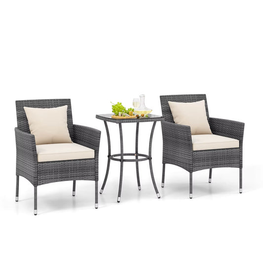 3 PCS Patio Furniture Set with Cushioned Patio Chairs & Tempered Glass Coffee Table