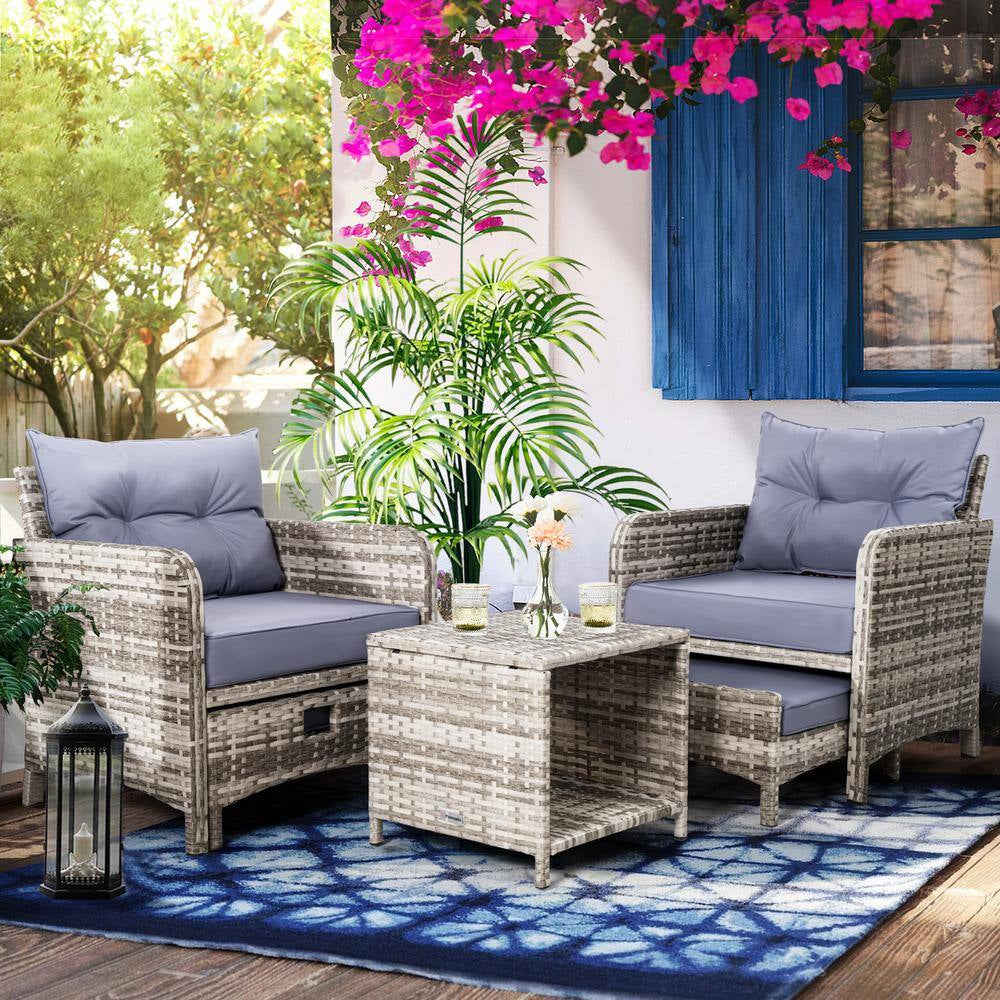 5-Pieces Wicker Patio Furniture Set Outdoor Patio Chairs with Ottomans, Purple Cushions