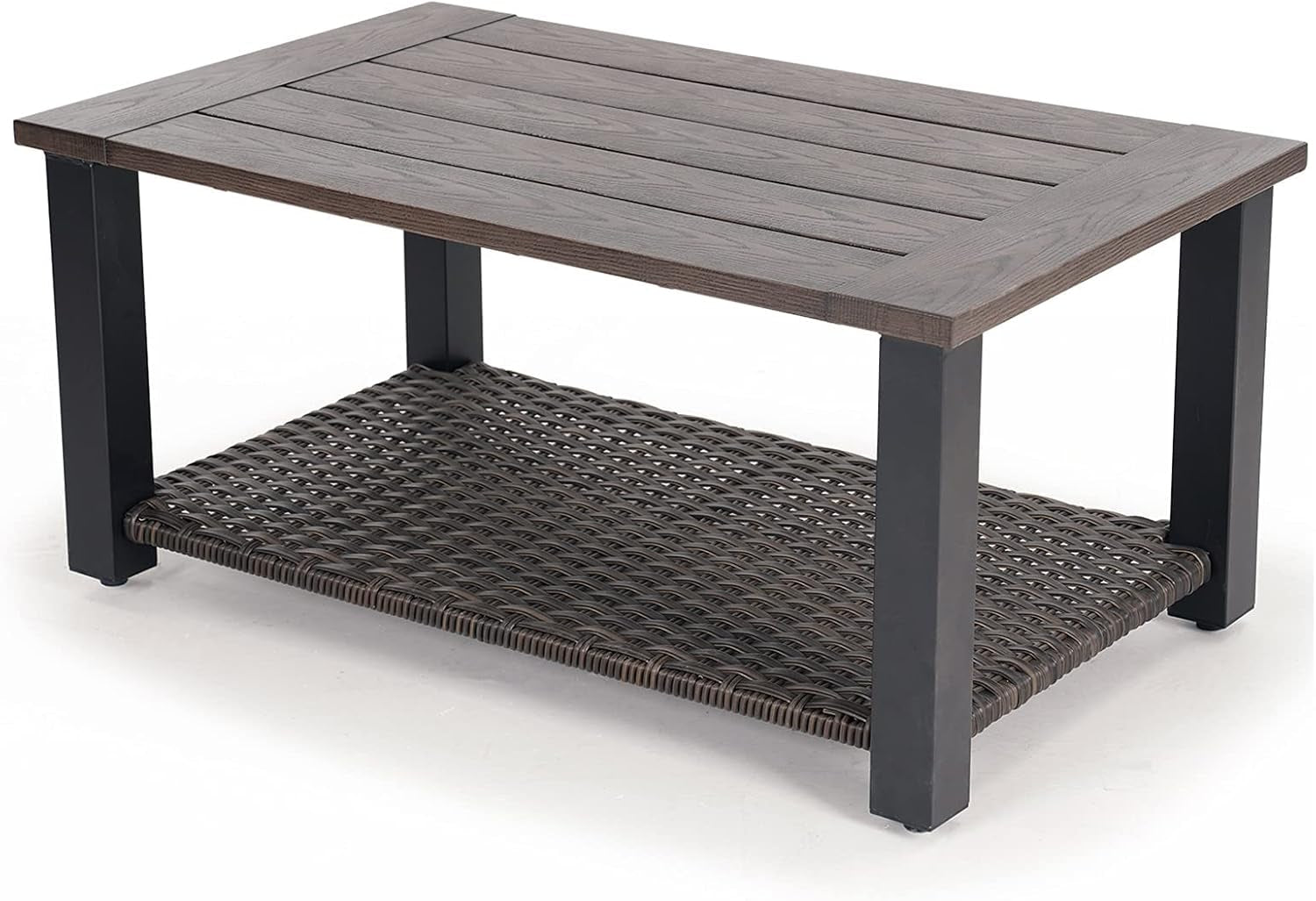 Outdoor Coffee Table with Wicker Shelf Storage, 40-Inch Rectangle Modern Patio Coffee Table with Faux Wood Tabletop, Fits with Outdoor Conversation Set