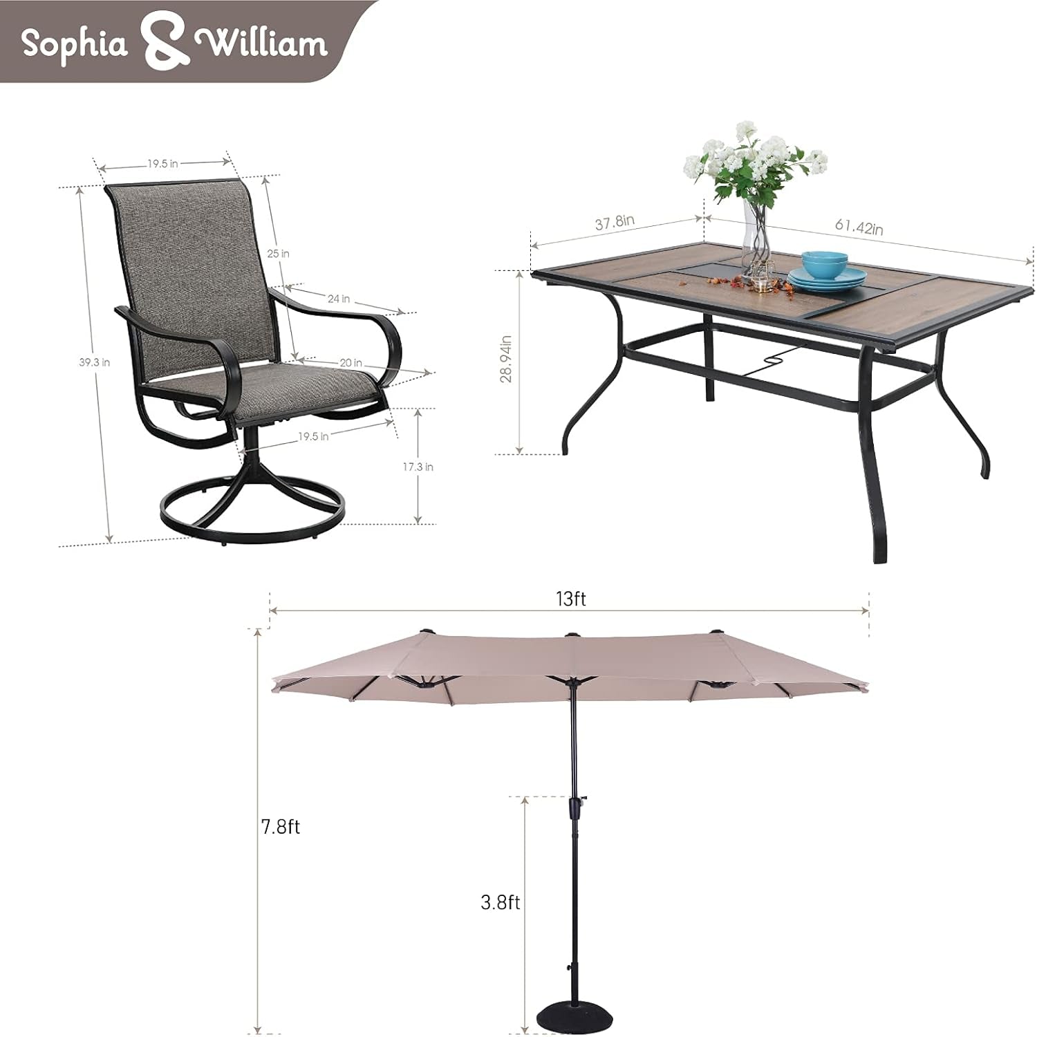 Patio Dining Set 8 Pieces Outdoor Metal Furniture Set with 13Ft Double-Sided Patio Umbrella Beige, 6 X Swivel Patio Dining Chairs, 1 Wood like Umbrella Table for Patio Garden