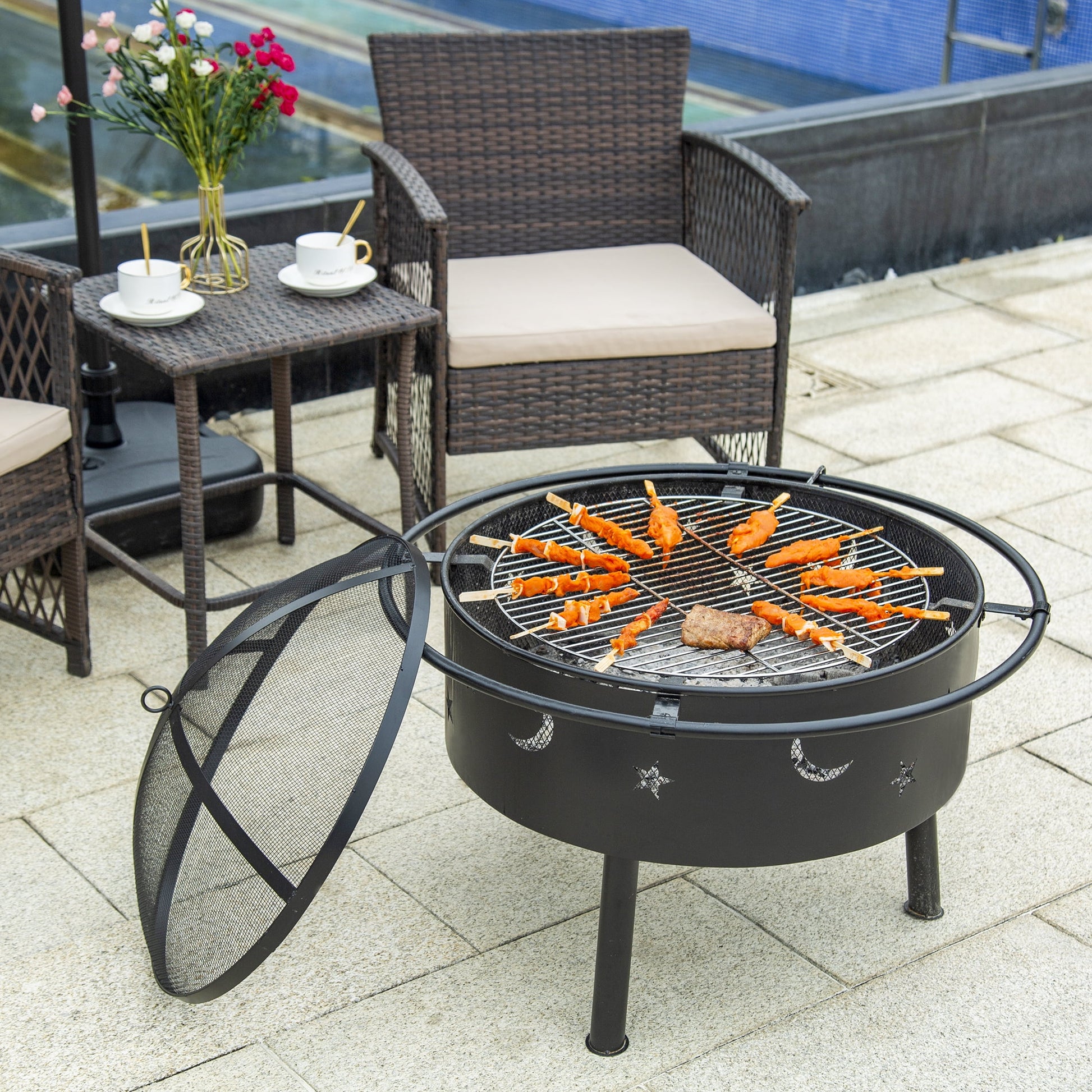 Star & Moon Bonfire round Steel Wood Burning Patio Fire Pit for Outdoor Patio