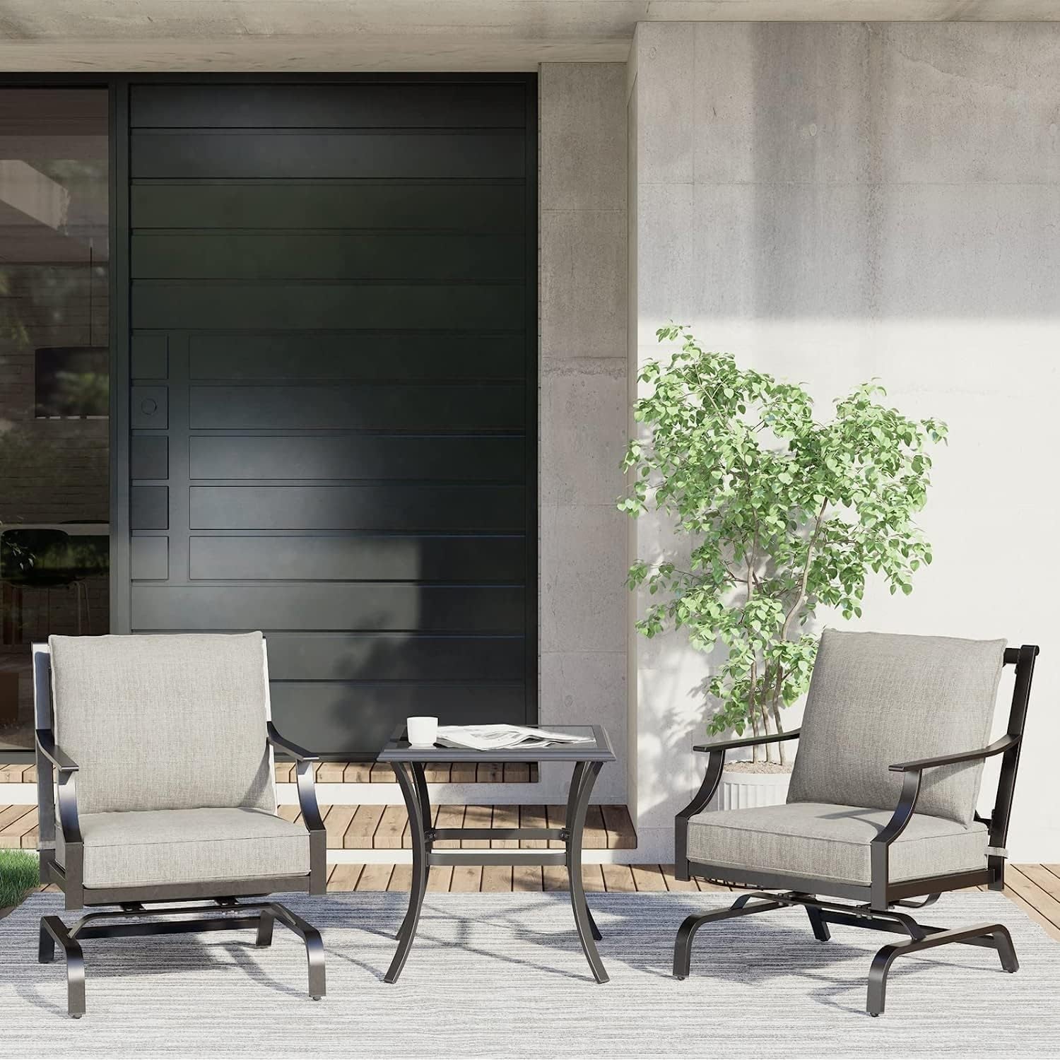 3-Piece Furniture Seating Motion Chairs Set Outdoor Bistro Set Patio Conversation Sets Glider Rocking Chair with Comfortable Gray Cushions Square Coffee Table for Garden Lawn & Poolside