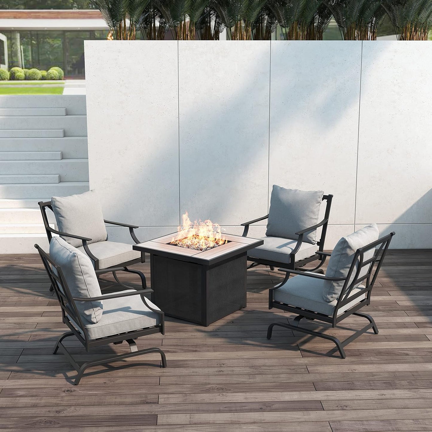 5-Piece Outdoor Furniture Conversation Sets with 32-Inch 40000 BTU Heat Propane Gas Fire Pit Table CSA Approved Ceramic Tile & Grey Olefin Cushion Rocking Chairs