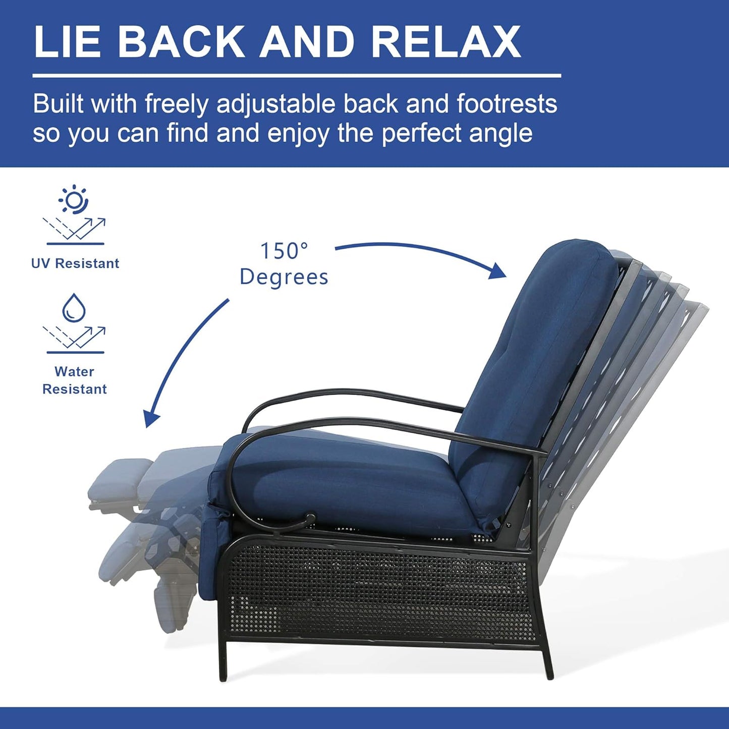 Adjustable Outdoor Reclining Lounge Chair Patio Recliner Chair with Strong Extendable Metal Frame and Removable Cushions for Outdoor Reading or Relaxation (Navy)