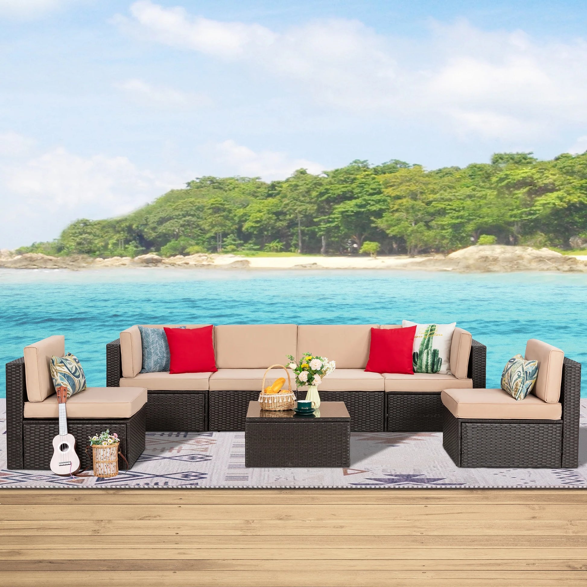 7 Pieces Patio Furniture Sets Outdoor All-Weather Sectional Patio Sofa Set PE Rattan Manual Weaving Wicker Patio Conversation Set Beige