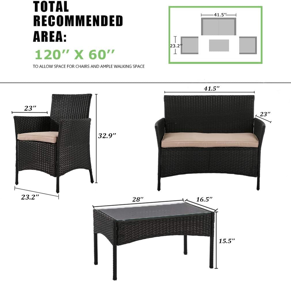 Outdoor 4 Pieces Rattan Chair Sofa Conversation Set Patio Wicker Set with Table Backyard Lawn Porch Garden Poolside Balcony Furniture (Black)