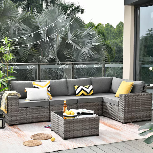 Shine Rattan Outdoor Sectional with Dark Gray Cushions and Rattan Frame