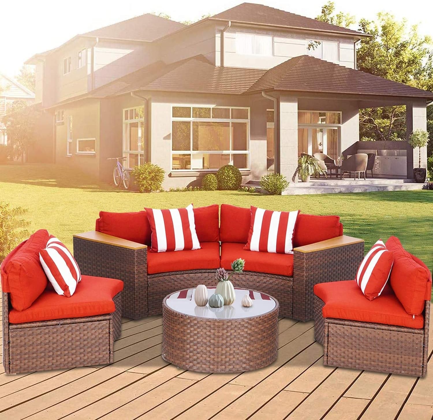 5-Piece Patio Sectional Furniture Set Half-Moon Patio Set Brown Wicker Curved Outdoor Sofa with Red Cushions & round Glass Coffee Table (Pillow Included)