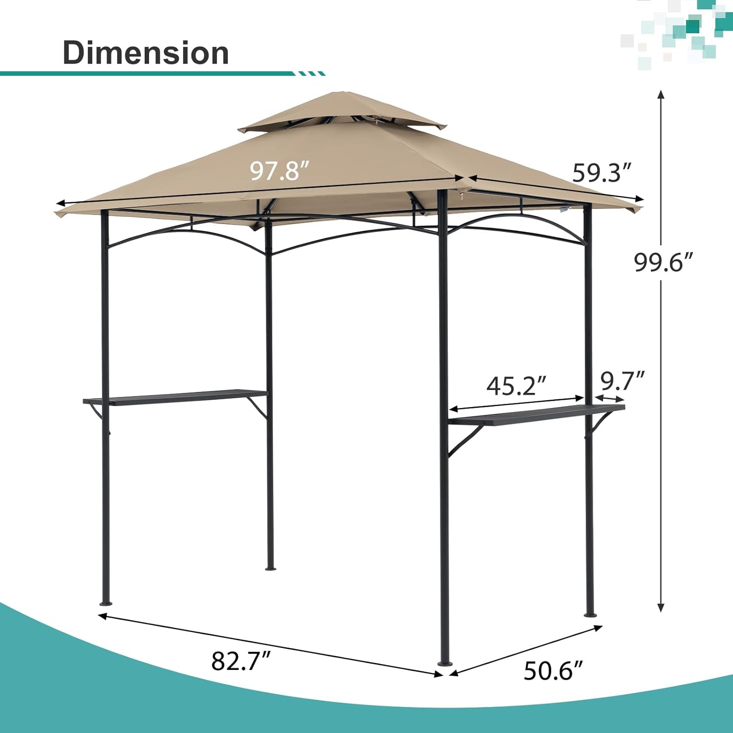 Grill Gazebo 8’X 5’ Outdoor Patio Backyard BBQ Grill Shelter Double Tiered Soft Canopy Top with Steel Frame and Bar Counters, Beige