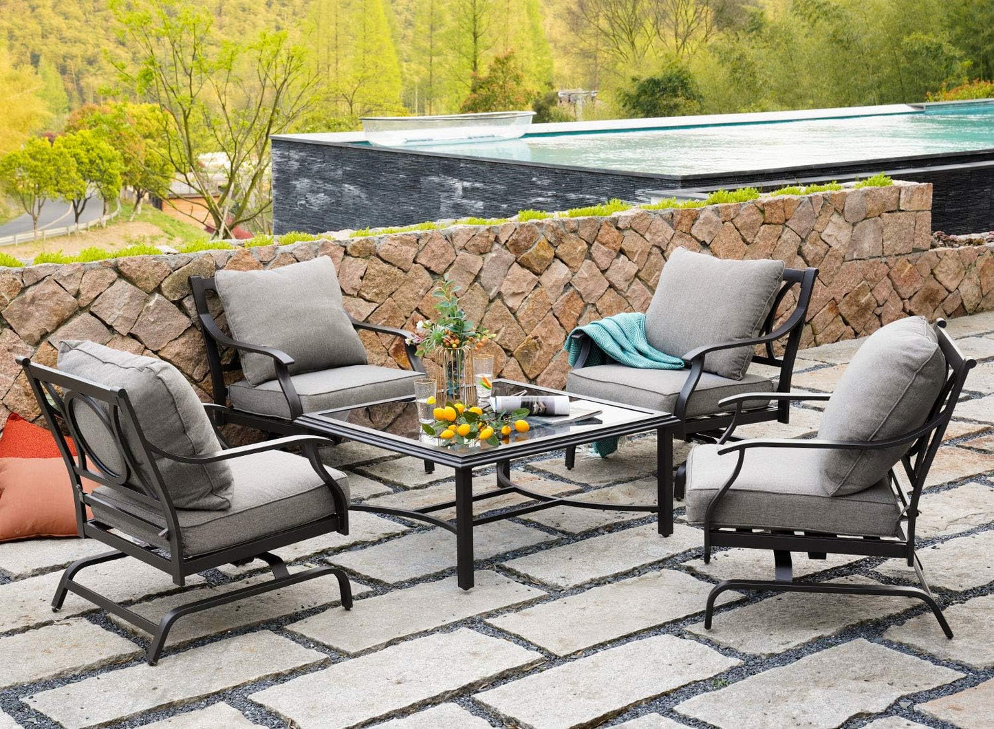 Patio Dining Set for 2, E-Coated Outdoor Dining Set, 2 Dining Chairs Outdoor Furniture Set with Olefin Cushions, Grey (5 PCS Glass Table)