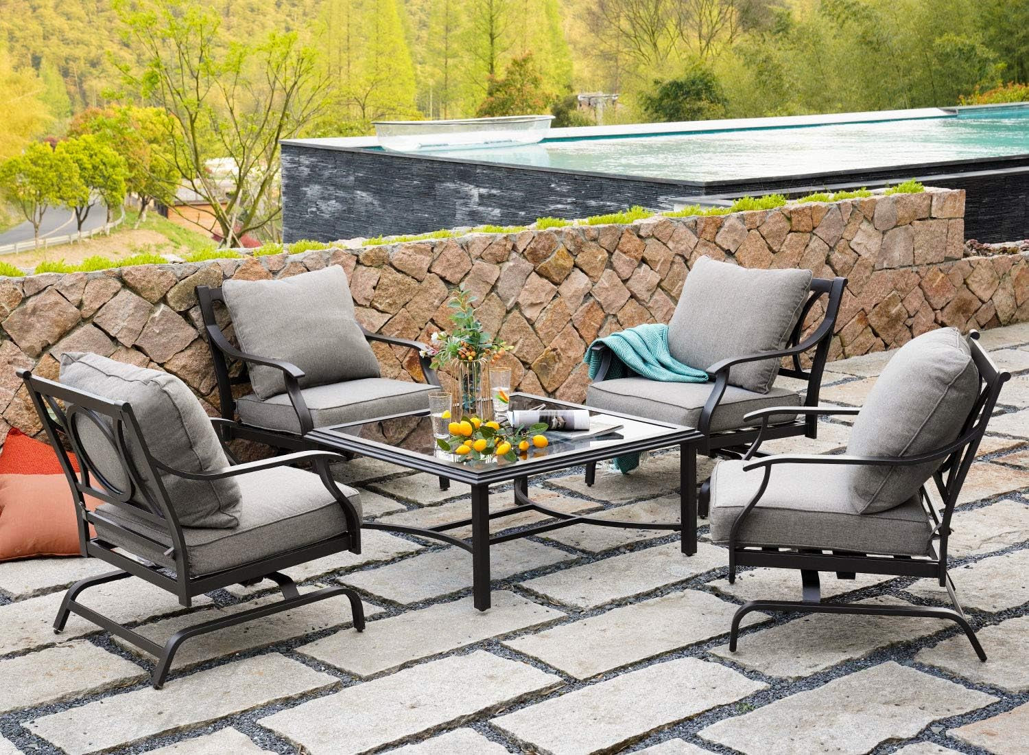 Patio Dining Set for 2, E-Coated Outdoor Dining Set, 2 Dining Chairs Outdoor Furniture Set with Olefin Cushions, Grey (5 PCS Glass Table)