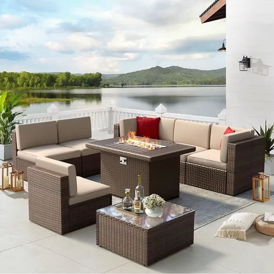 Patio Furniture Set 8PCS with 40" Fire Pit Table Outdoor Sectional Sofa Set Wicker Furniture Set with Coffee Table Garden Sets