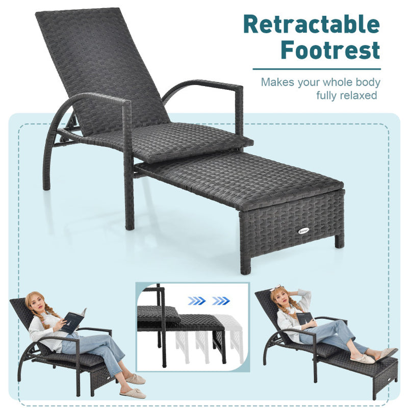 Patio Chaise Lounge Rattan Lounge Chair with Retractable Ottoman