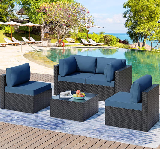 5 Pieces Outdoor Patio Furniture Set, All-Weather Rattan Patio Sectional Sofa Wicker Conversation Set with Glass Table and Cushions(Aegean Blue)