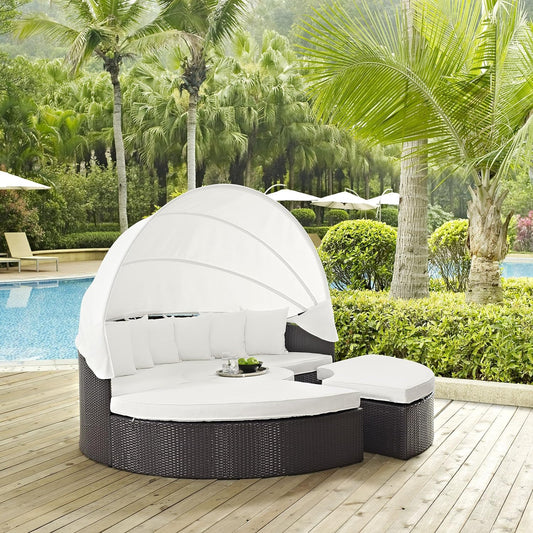 Convene Wicker Rattan Outdoor Patio Retractable Canopy round Poolside Sectional Sofa Daybed with Cushions in Espresso White