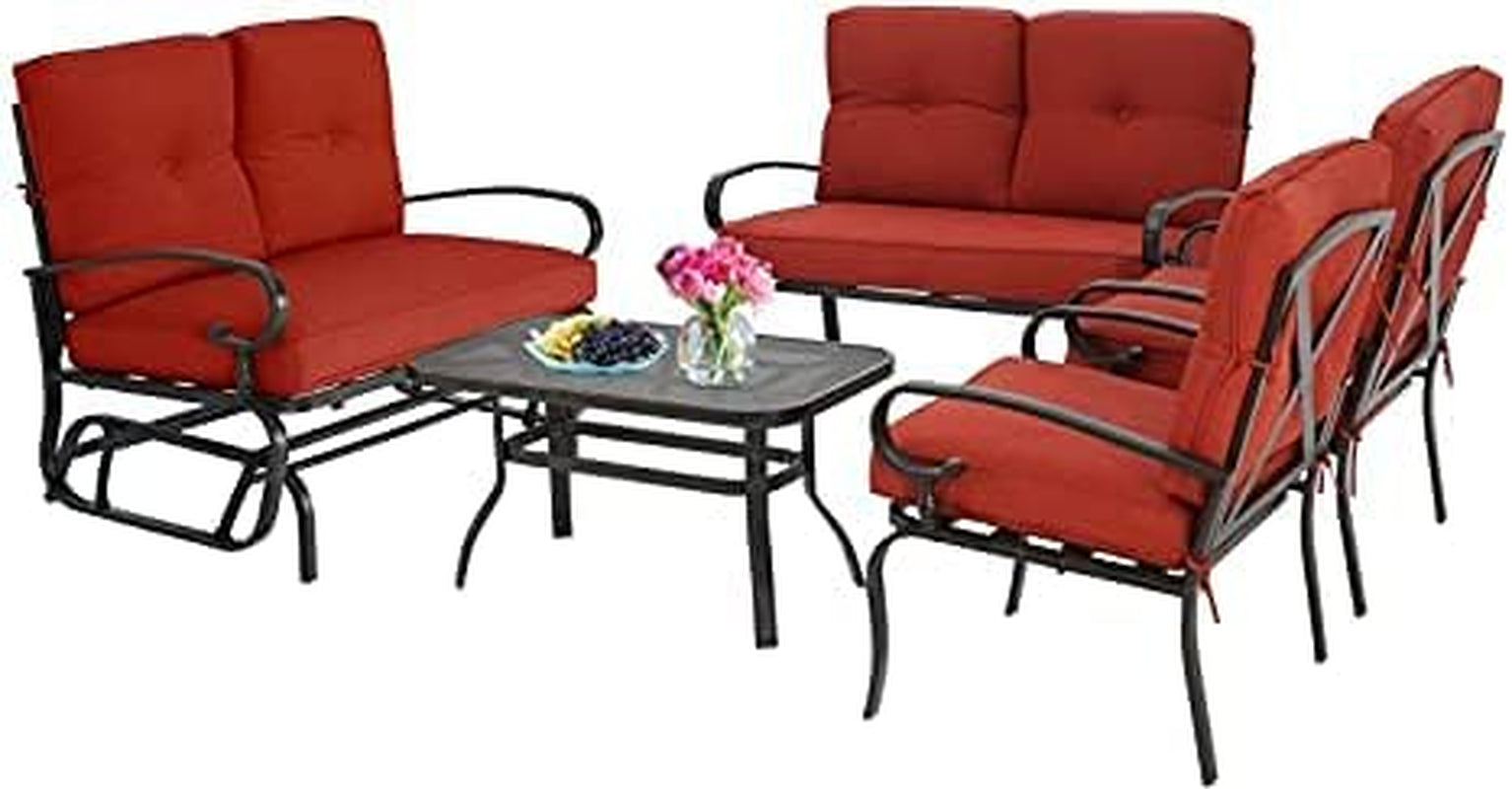 Outdoor Metal Furniture Sets 5 Pieces(6 Seats) Patio Conversation Set (Patio Swing Glider, 2 Patio Chairs, Loveseat with Coffee Table), Red