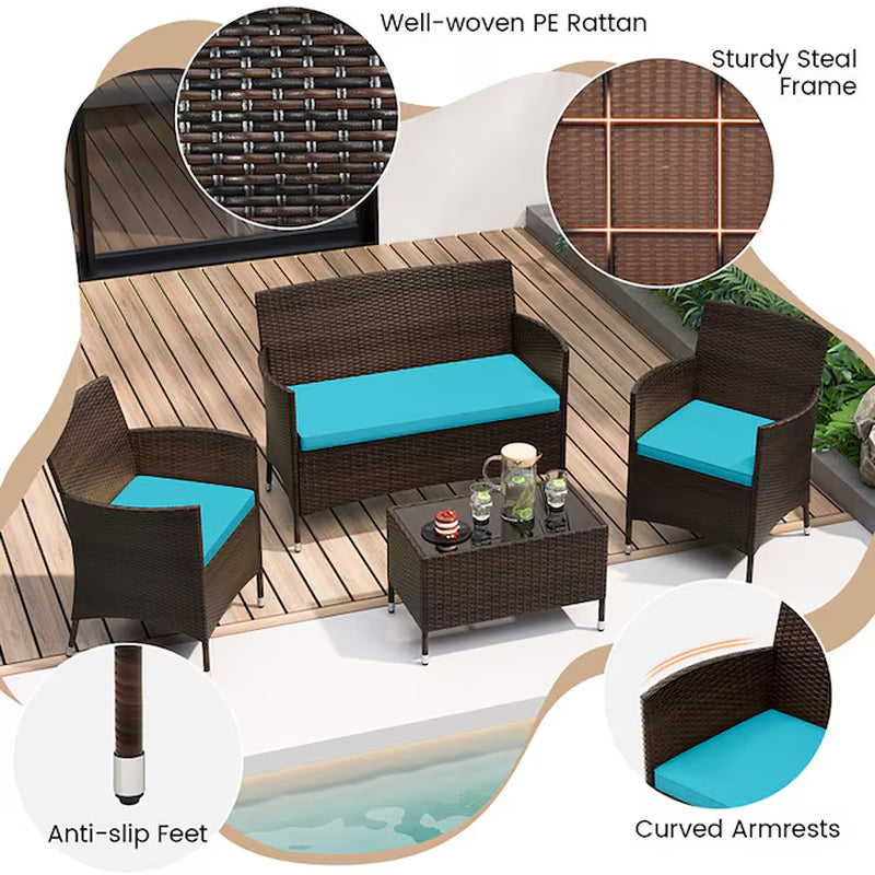 4 Pieces Comfortable Mix Outdoor Rattan Sofa Set with Glass Coffee Table 4 -Piece Rattan Patio Conversation Set with Blue Cushions