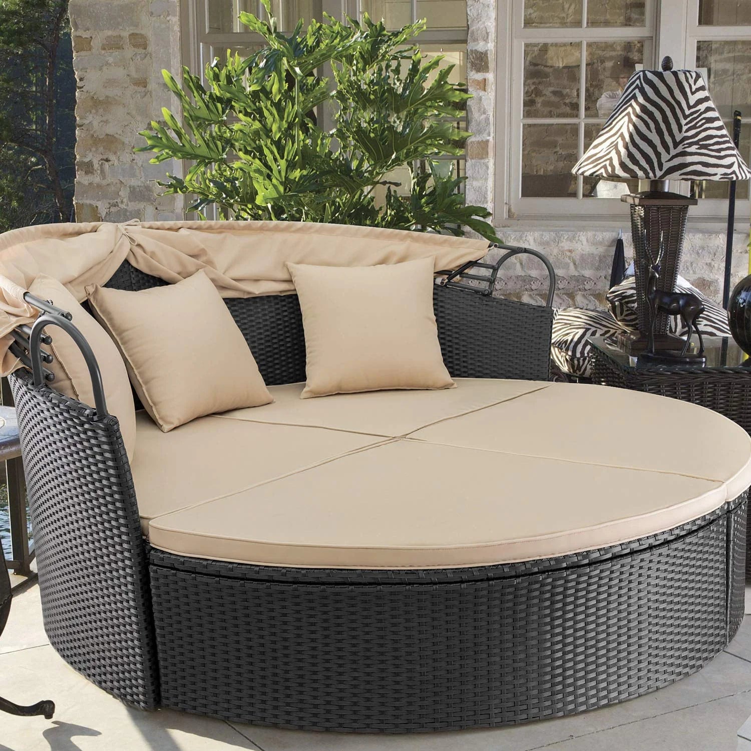 Outdoor Patio round Daybed with Retractable Canopy Wicker Furniture Sectional Seating with Washable Cushions for Patio Backyard Porch Pool Daybed Separated Seating (Beige)